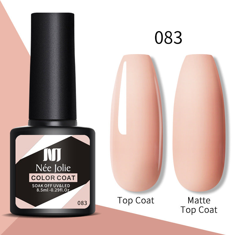 Nail gel color coat 083: light peach nude, glossy top coat and matte top coat swatches