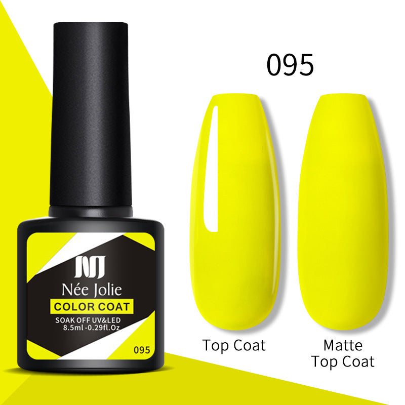 Gel nail polish set 095: bottle with glossy top coat and matte top coat nail swatches