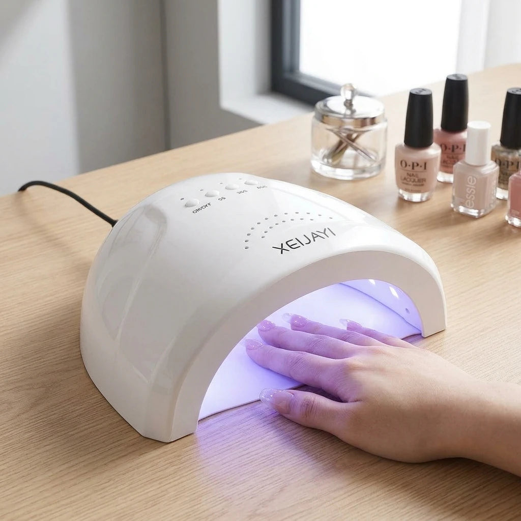 UV nail lamp with purple curing light while a hand places fingers inside