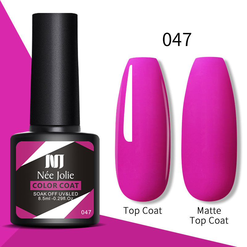 Gel nail polish color coat 047, bright magenta; top coat and matte top coat shown
