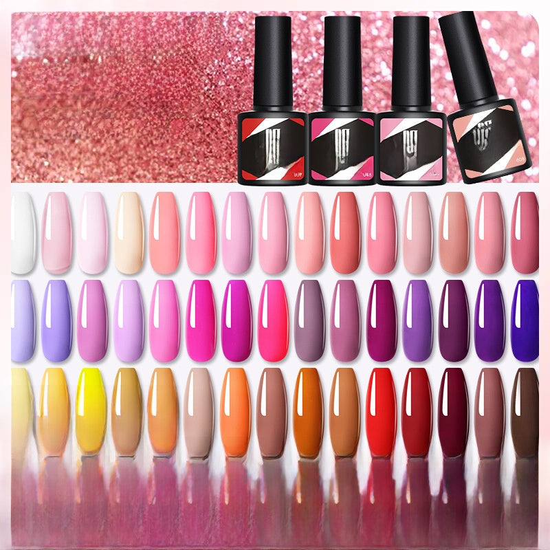 Sparkly rose glitter gel nail polish row with multiple bottles and matching swatches