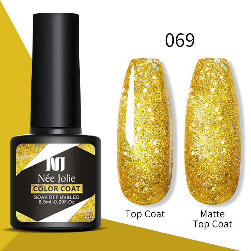 Gel color 069—bright gold glitter top coat and matte top coat nails