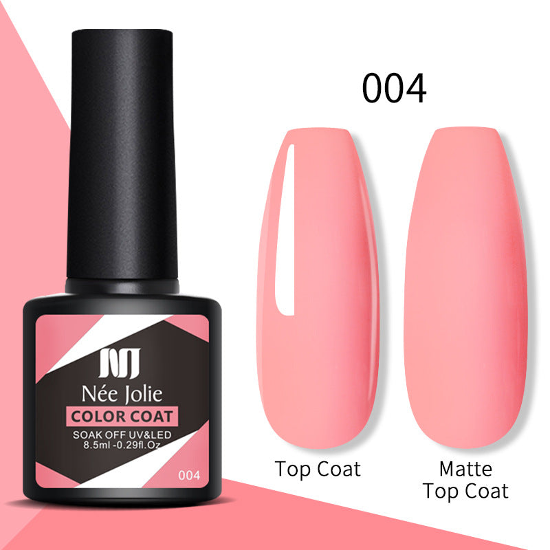 Color coat gel polish 004 with coral pink top coat and matte top coat swatches