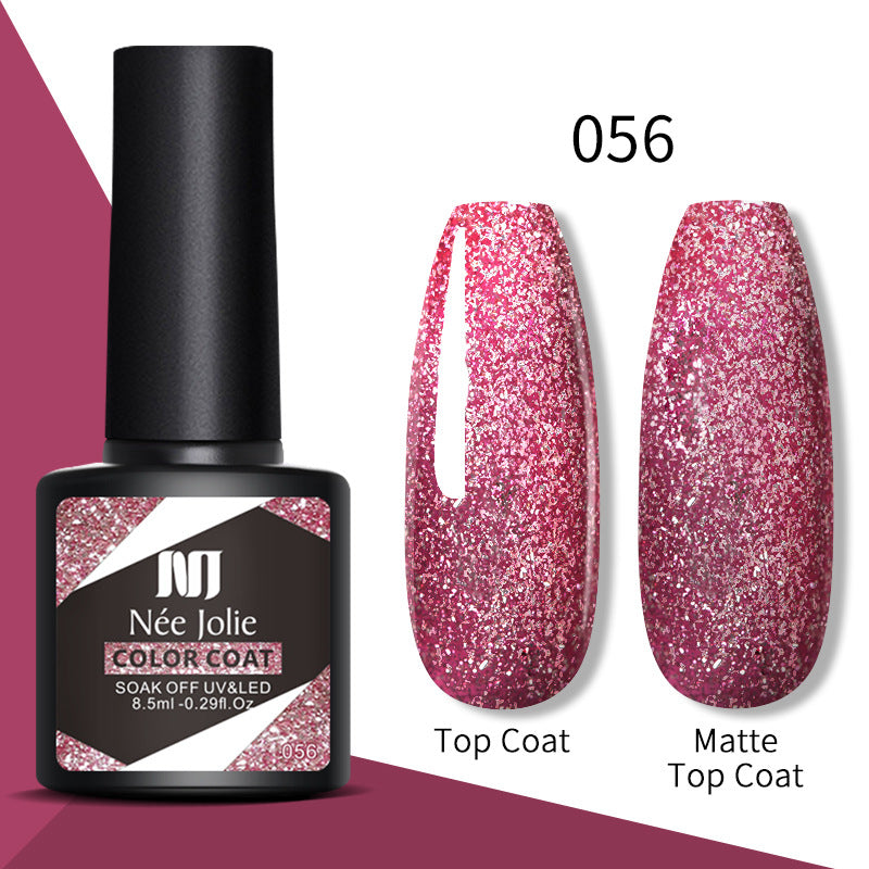 Nail gel color coat 056 in pink glitter; paired with top coat and matte top coat