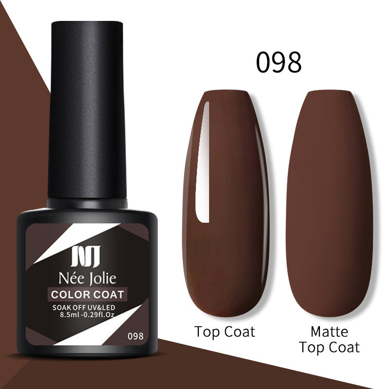 Gel nail polish color 098 (brown) with gloss top coat and matte top coat swatches