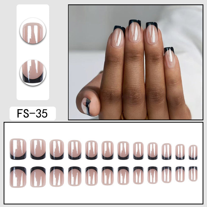 Reusable press-on nails, nude base with glossy black half-moon tips (FS-35)