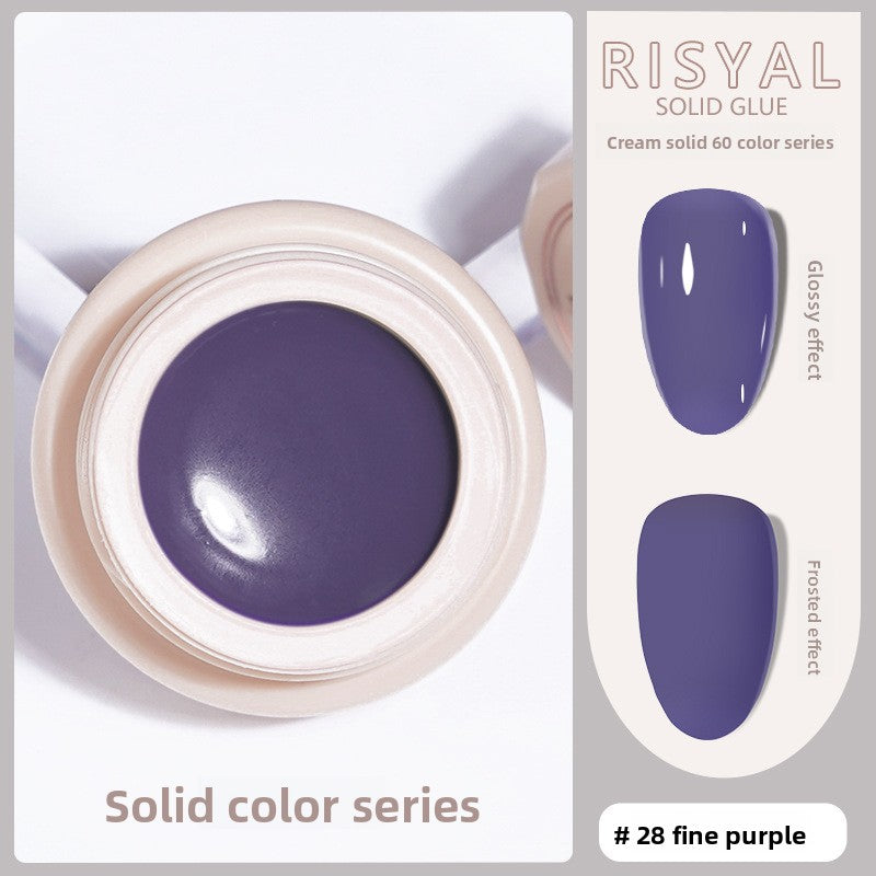 Solid nail polish gel, fine purple cream color (#28) in jar with swatch