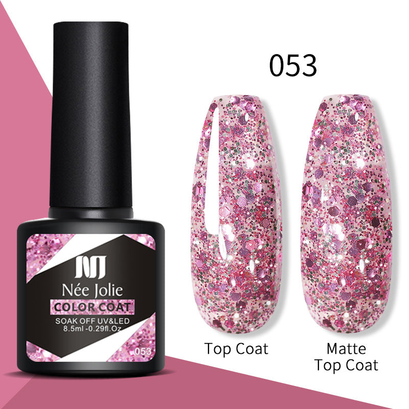 Gel nail polish color coat 053, pink glitter with sparkle mix; top and matte top coats