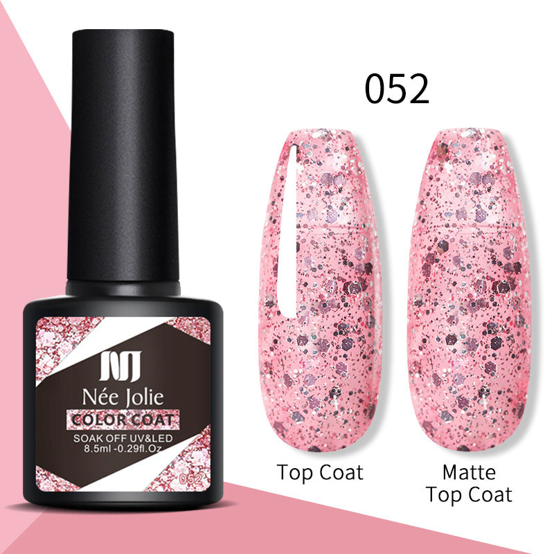 Gel nail polish color coat 052, pink confetti glitter; top coat and matte top coat