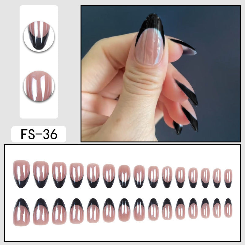 Reusable press-on nails, shiny pink nude with glossy black half-moon tips (FS-36)