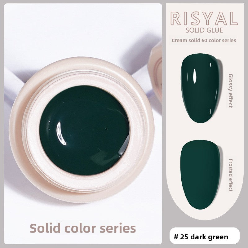 Solid nail polish gel, dark green cream color (#25) in jar with swatch