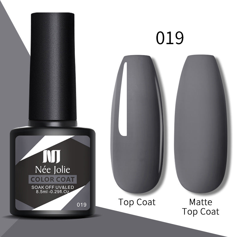 Nail gel color coat 019 dark gray with top coat and matte top coat swatches
