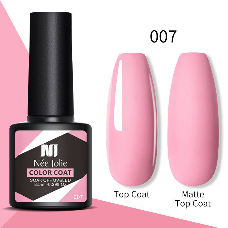 Nail gel color coat set 007: pink top coat and matte top coat nail swatches.