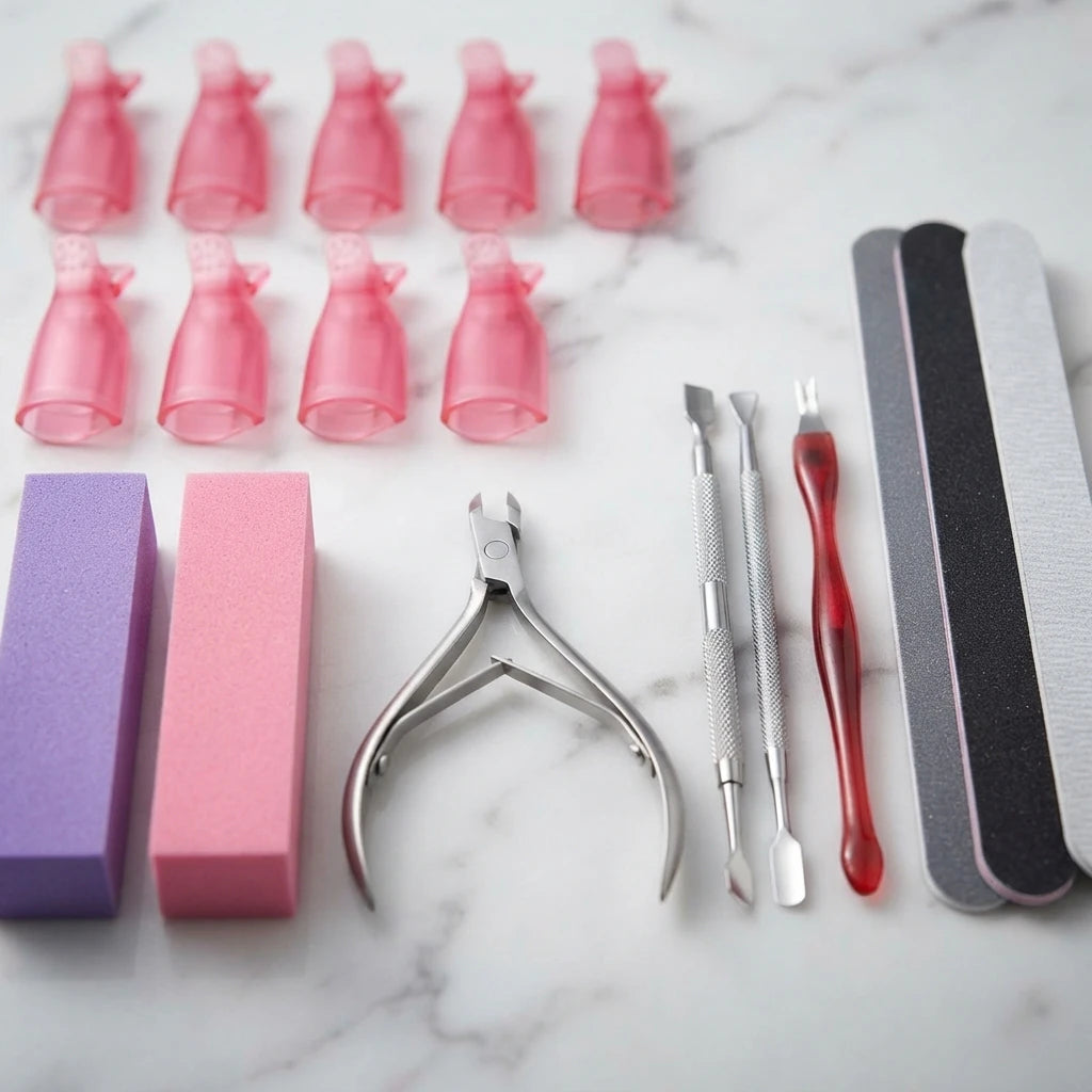 Nail art manicure tools set with pink mini bottles, nail buffers, and sanding blocks