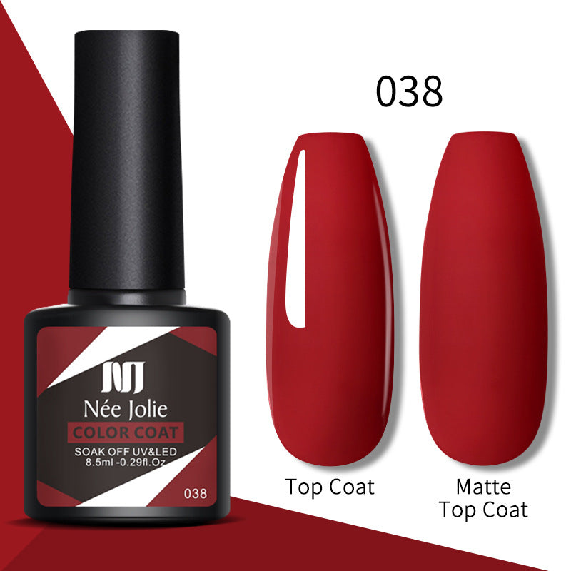 Nail gel color coat 038 in rich red with glossy top coat and matte top coat swatches