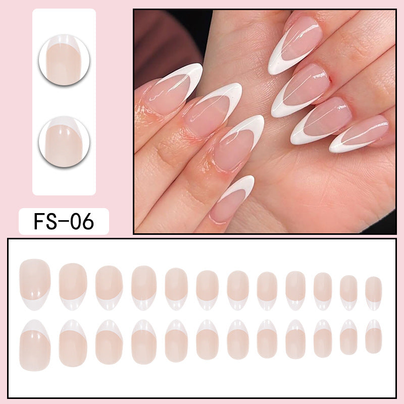 FS-06 nude press-on nails with white French tips, oval shape set