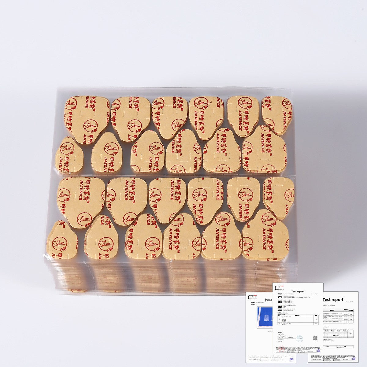 Nail adhesive jelly glue tabs tray, orange backing labels, instruction document below