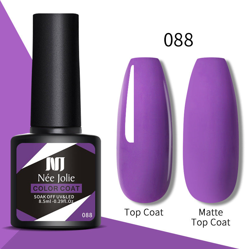 Gel nail polish set 088: bottle with glossy top coat and matte top coat nail swatches