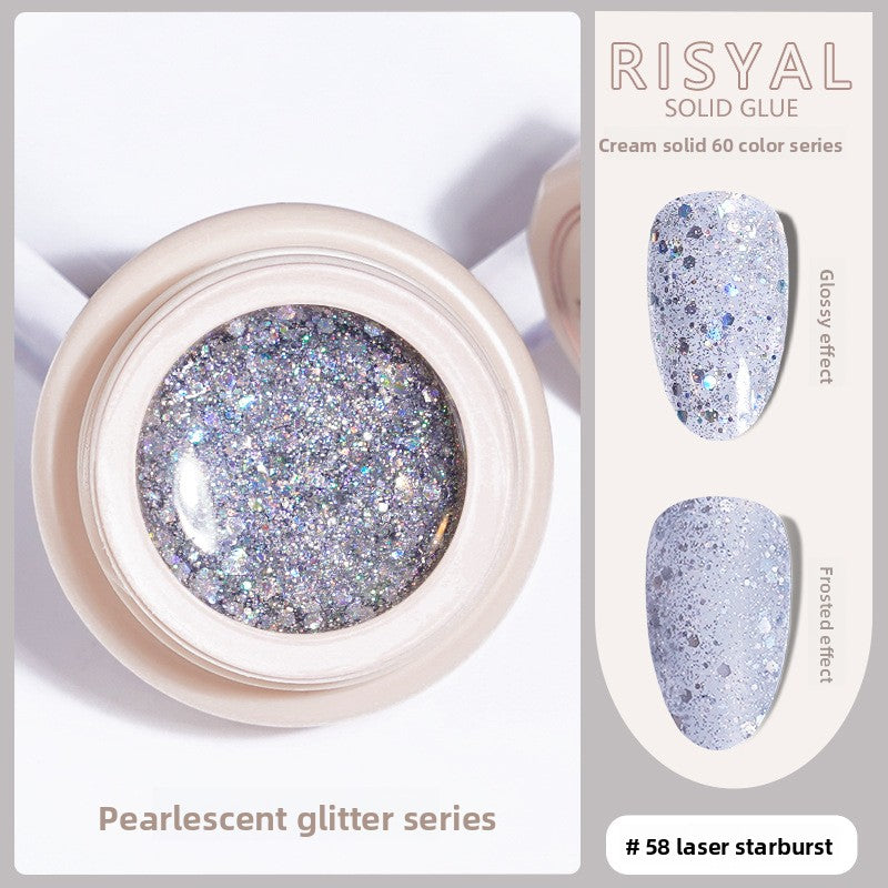 Laser starburst glitter solid gel polish in a round jar, light blue-silver iridescent flakes