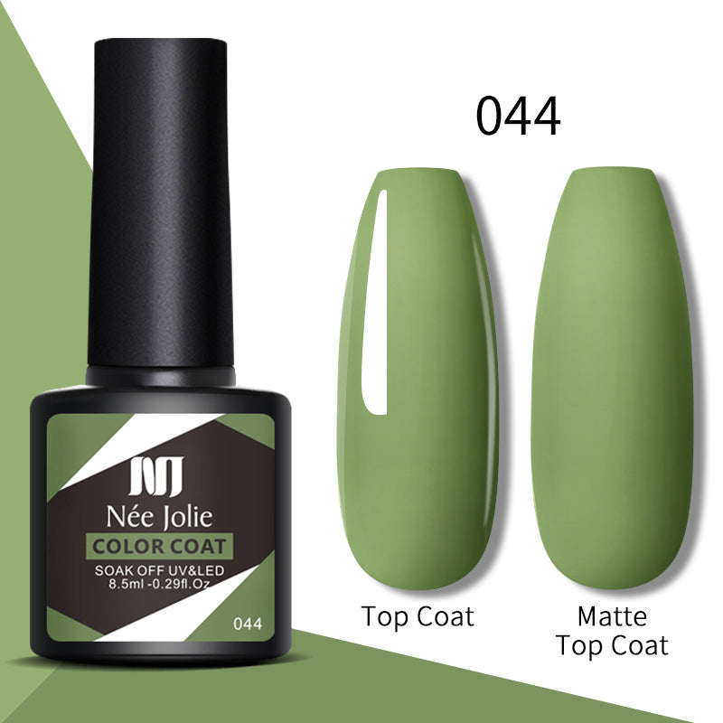 Nail gel color coat 044 in olive green with glossy top coat and matte top coat swatches