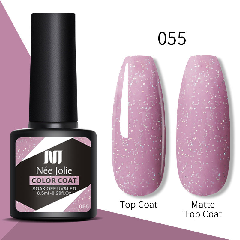 Gel nail polish color coat 055, soft lilac glitter; top coat and matte top coat