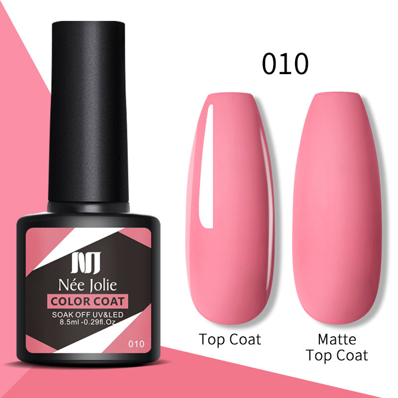 Nail gel color coat set 010: hot pink top coat and matte top coat nail swatches.