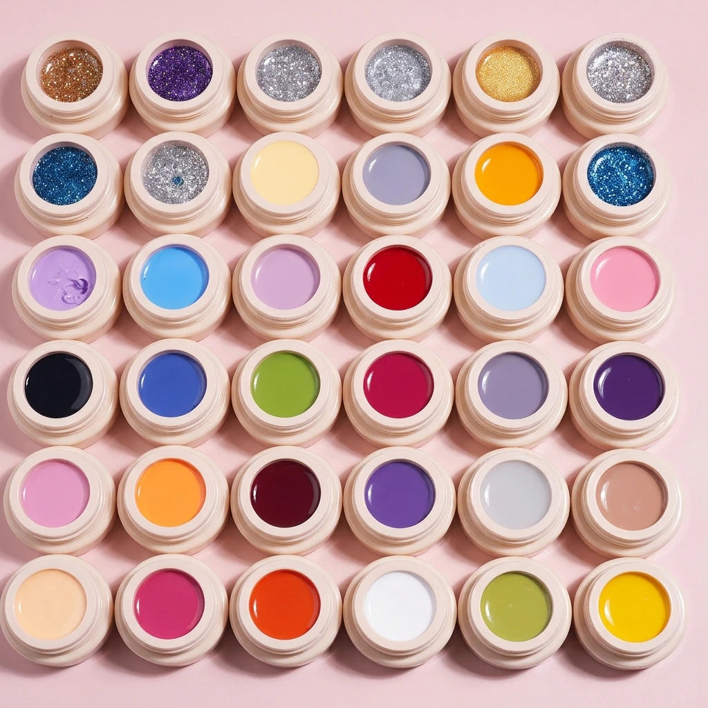 Assorted solid nail polish glue pots with glitter colors, multiple open lids