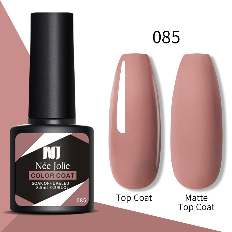 Nail gel color coat 085: rosy mauve pink, glossy top coat and matte top coat swatches
