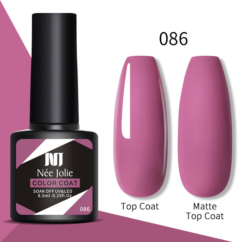 Gel nail polish set 086: bottle with glossy top coat and matte top coat swatches