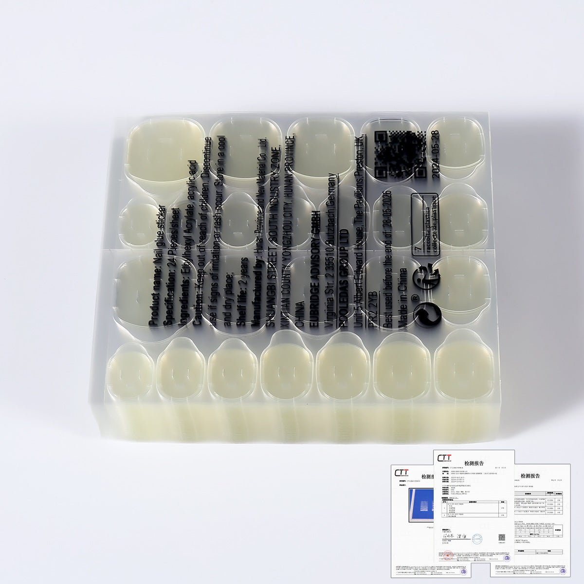 Nail jelly glue kit with pale yellow press-on nails in clear organizer tray