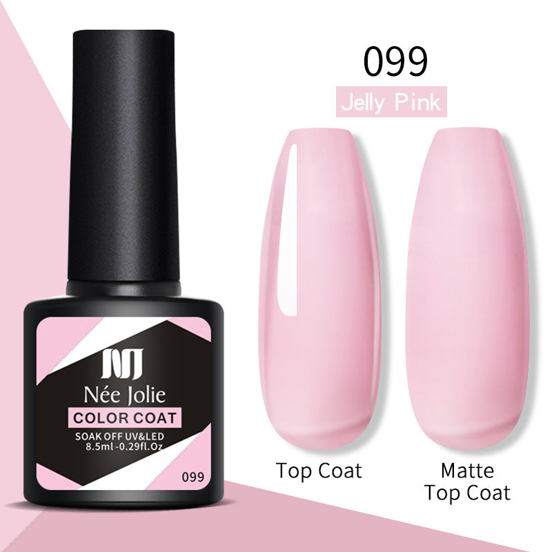 Gel nail polish color 099 (jelly pink) with gloss top coat and matte top coat swatches