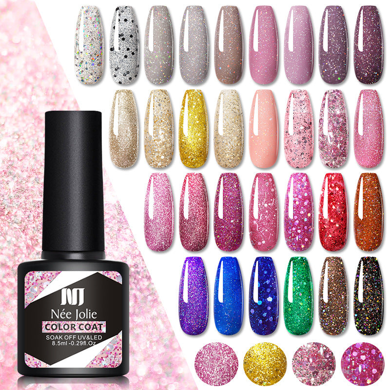 Glitter gel nail polish bottle with mixed swatches: silver, gold, purple, and pink