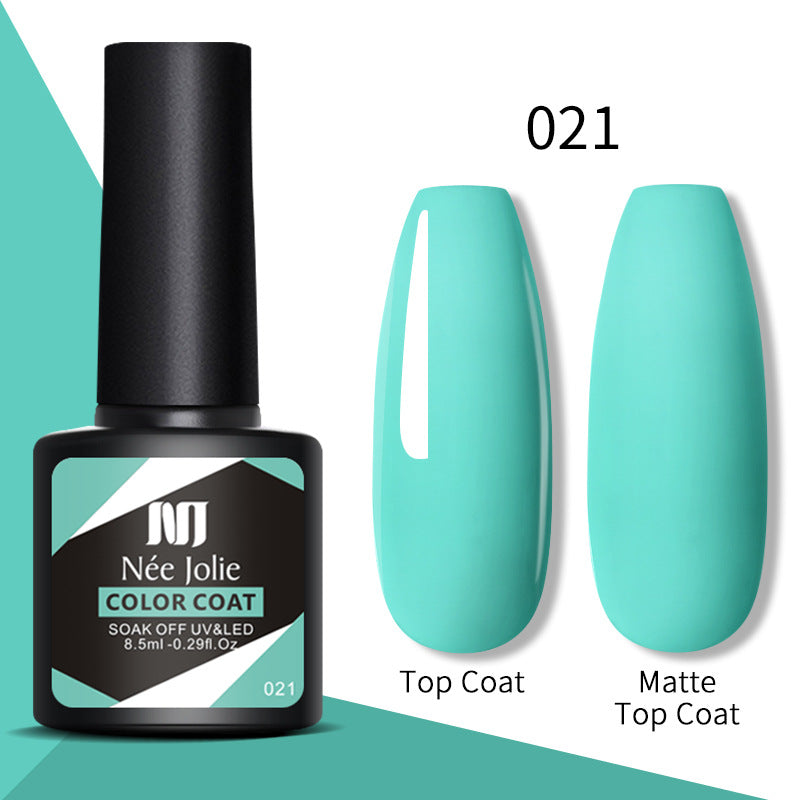 Nail gel color coat 021 mint green with top coat and matte top coat swatches