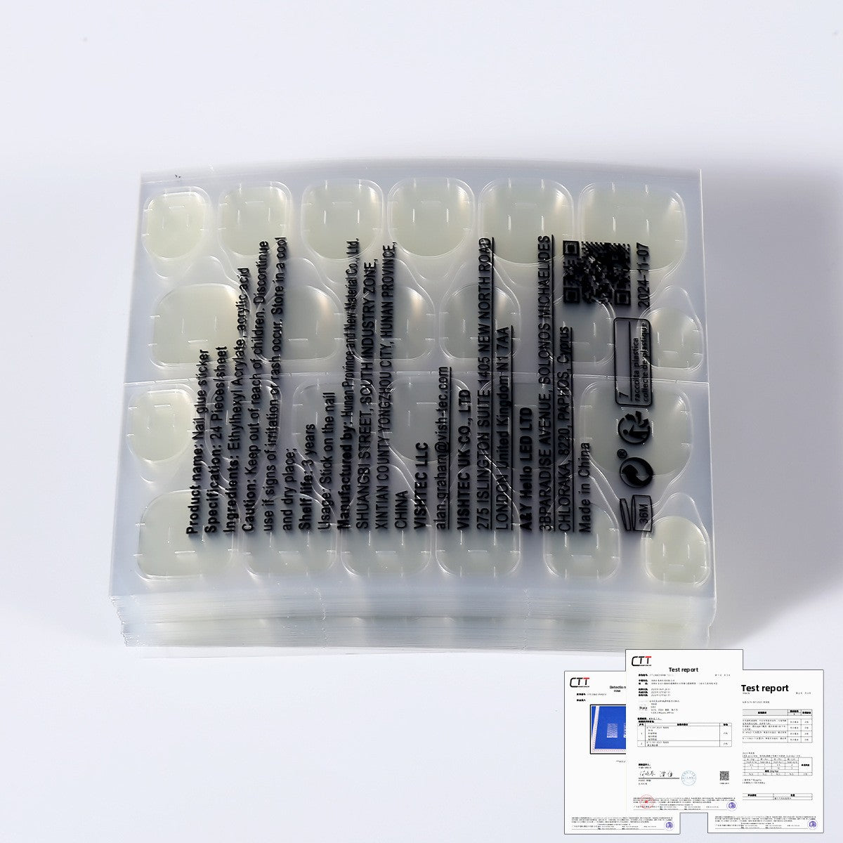 Nail gel glue kit with tools and pale white nail tips in clear plastic case