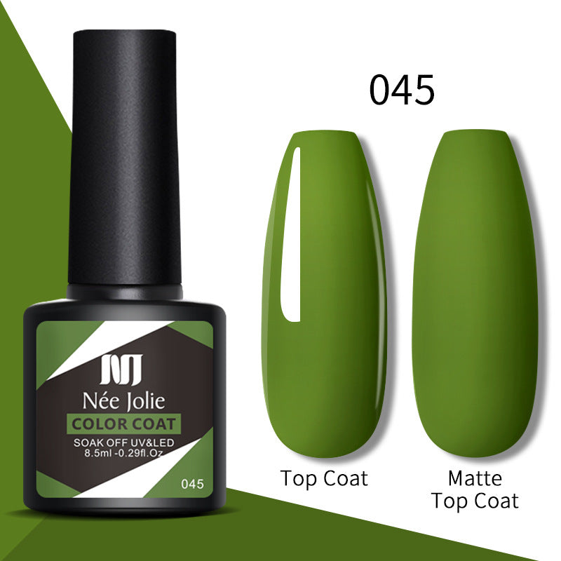 Nail gel color coat 045 in lime green with glossy top coat and matte top coat swatches