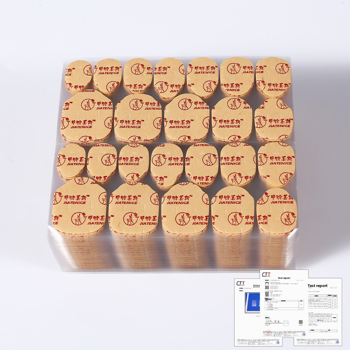 Nail adhesive jelly glue tabs tray with gold-toned backing and instruction document
